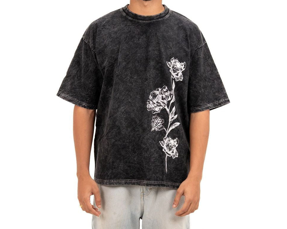 Exquisite Floral Oversized Tee – Washed Grey