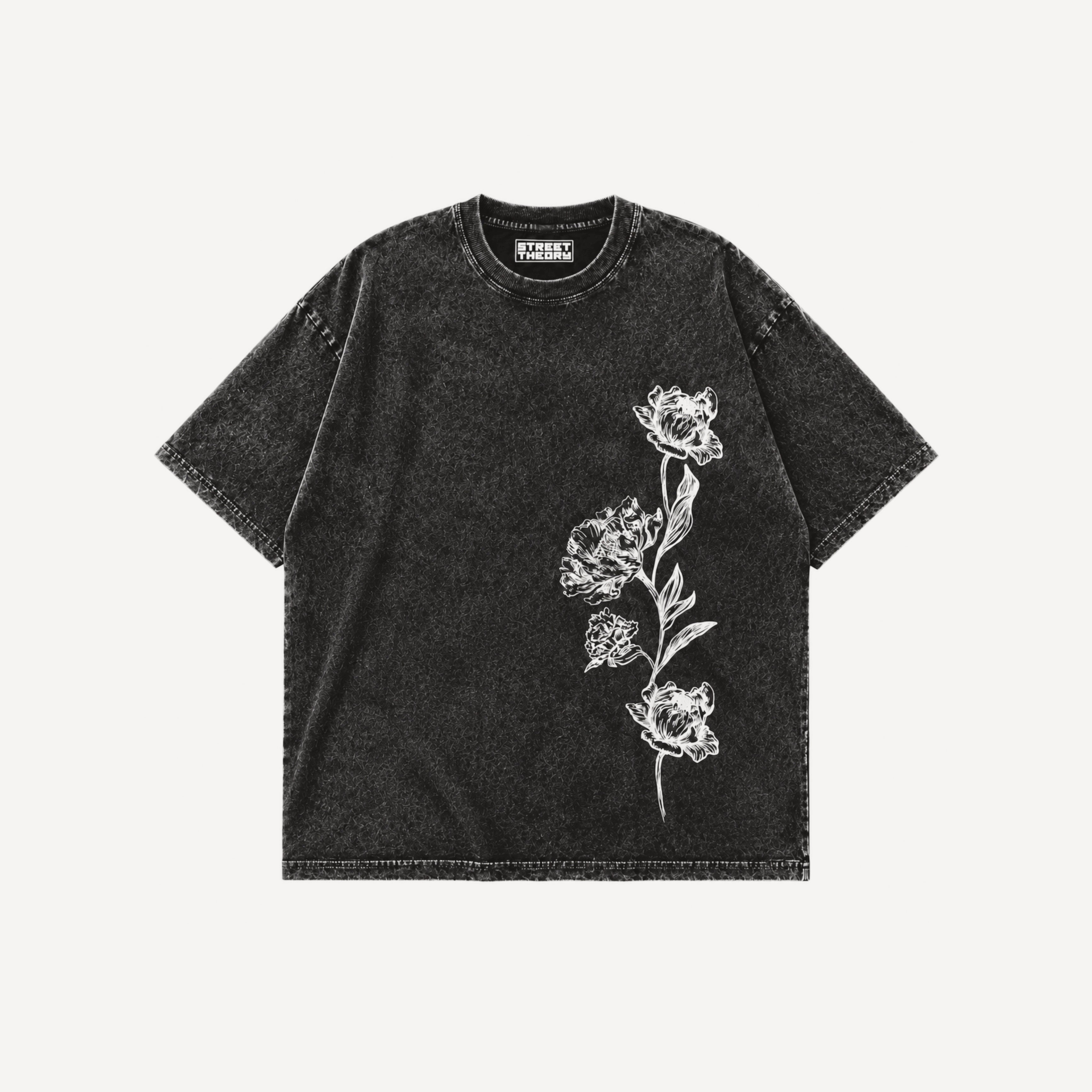 Exquisite Floral Oversized Tee – Washed Grey