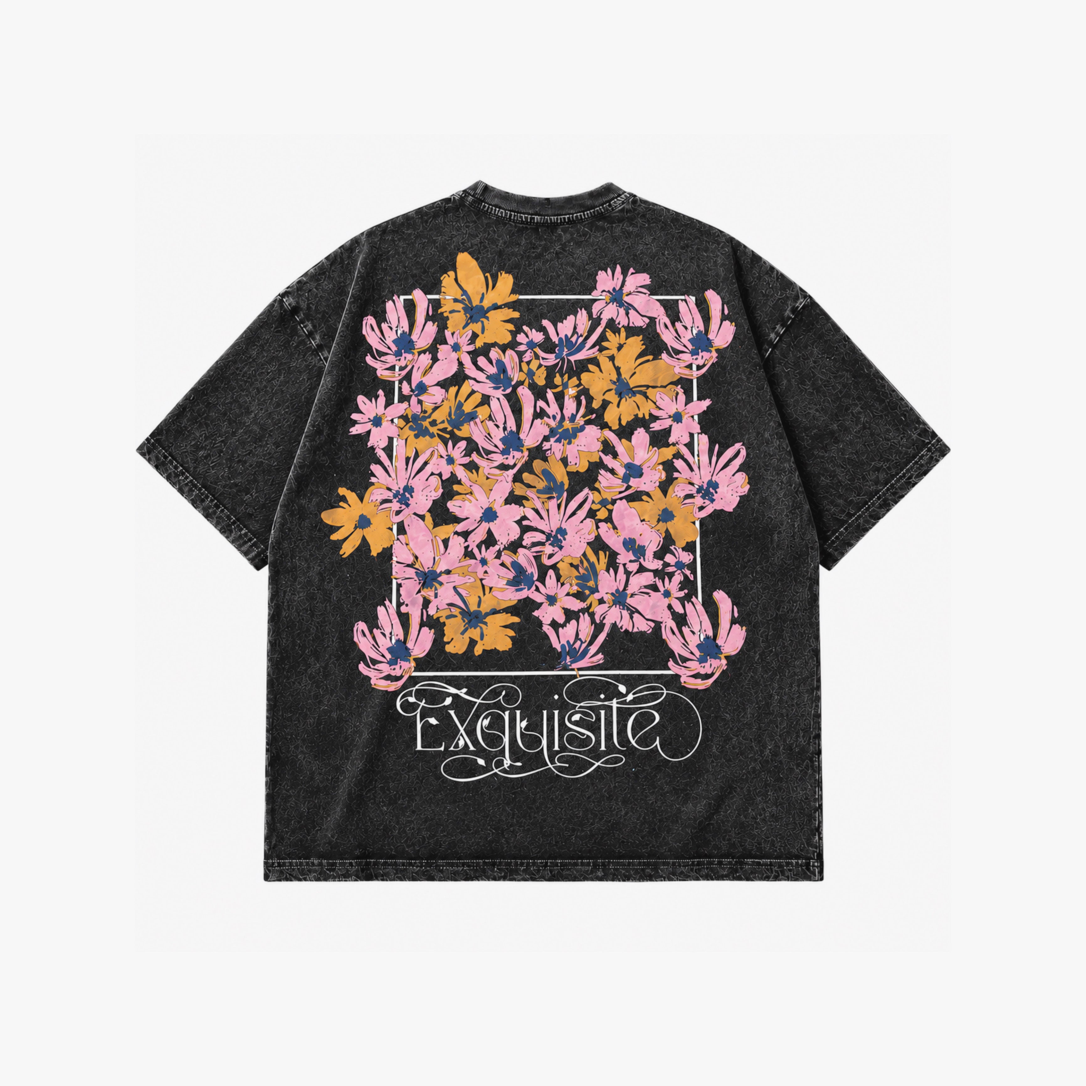 Exquisite Floral Oversized Tee – Washed Grey